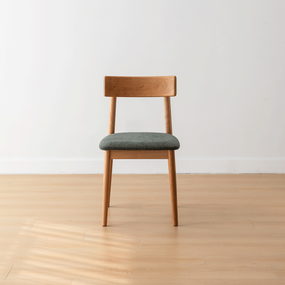 Scandinavian cherry wood mixed weave fabric dining chair green color swatches.