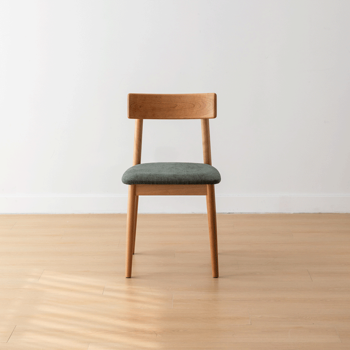 Scandinavian cherry wood mixed weave fabric dining chair green color swatches.