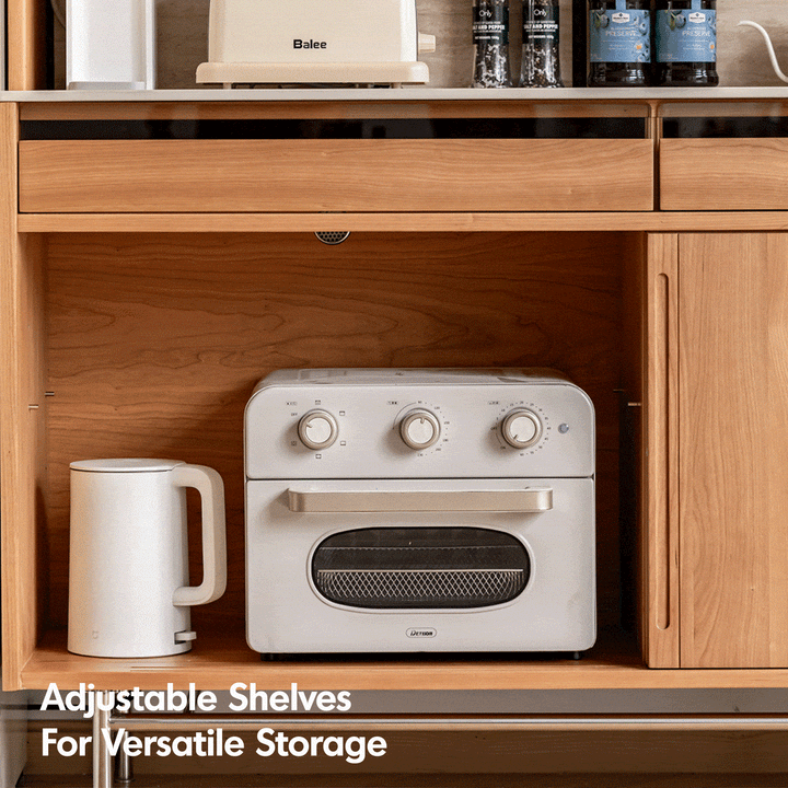 Scandinavian cherry wood sintered stone storage side cabinet timeless in close up details.