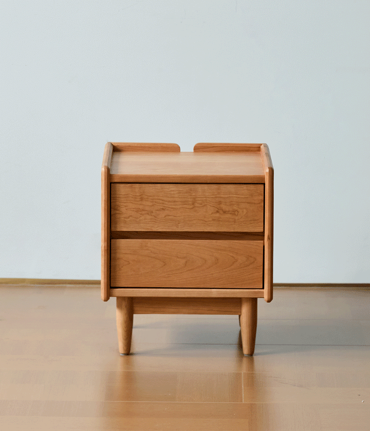 Scandinavian cherry wood side table vista in real life style.