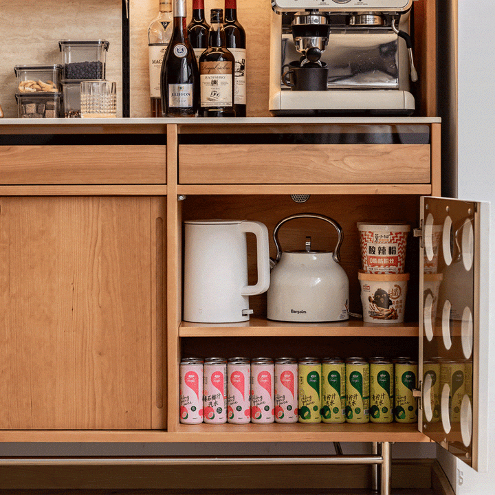 Scandinavian cherry wood sintered stone storage side cabinet timeless in panoramic view.