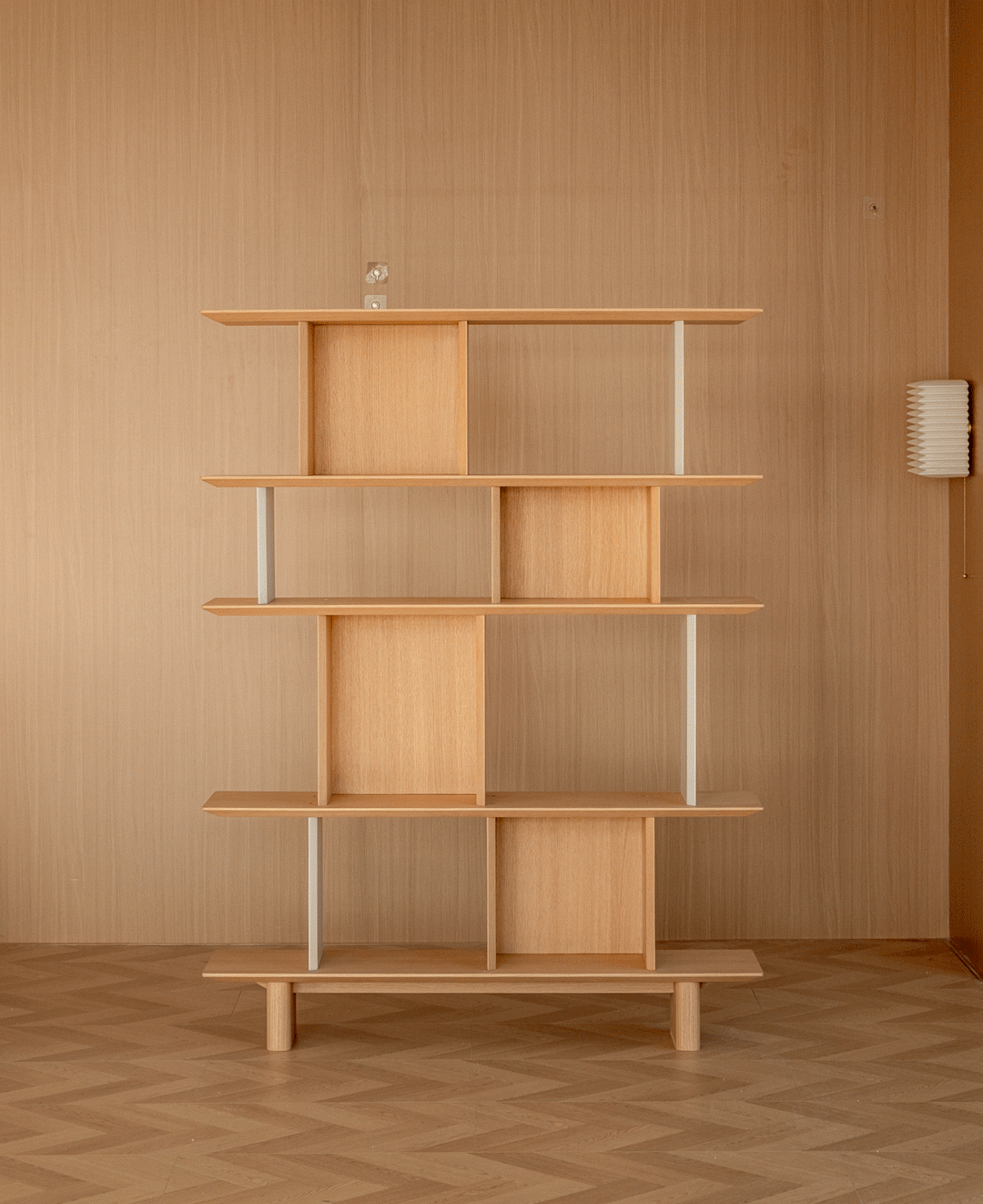 Minimalist oak wood veneer shelf berg conceptual design.