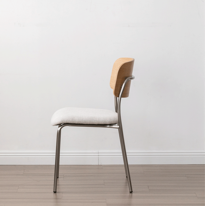 Minimalist ash wood veneer cotton fabric dining chair aeri color swatches.