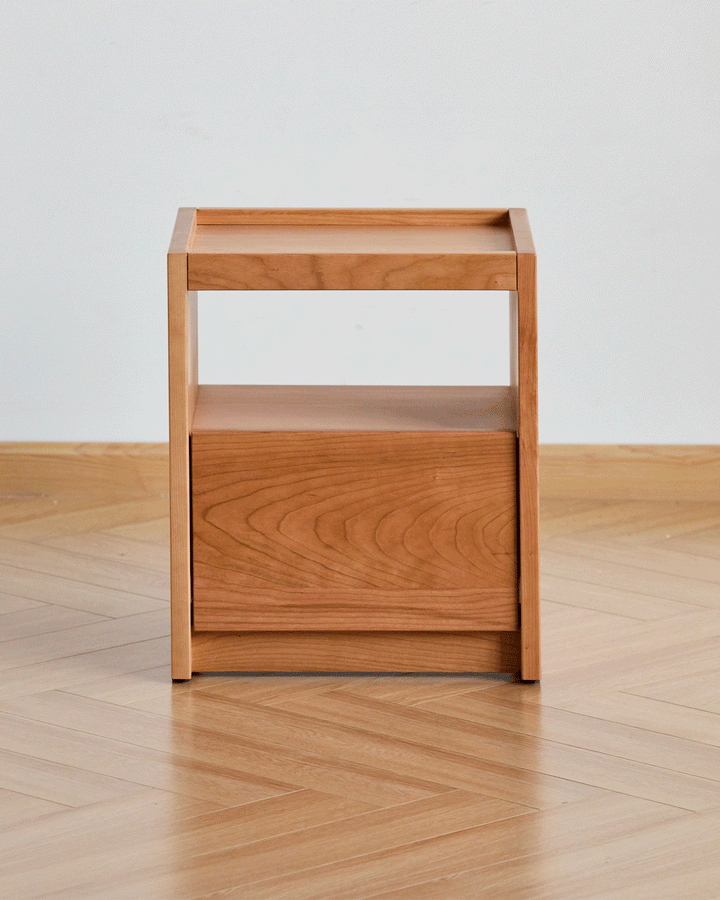 Scandinavian cherry wood side table sugar color swatches.