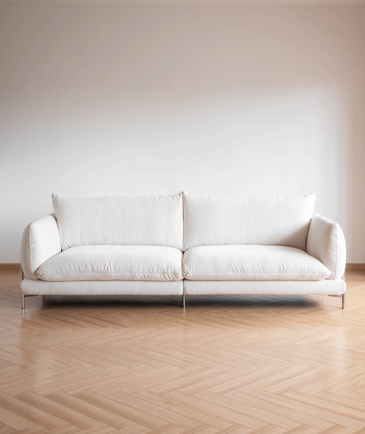 Minimalist cotton fabric 4 seater sofa como color swatches.