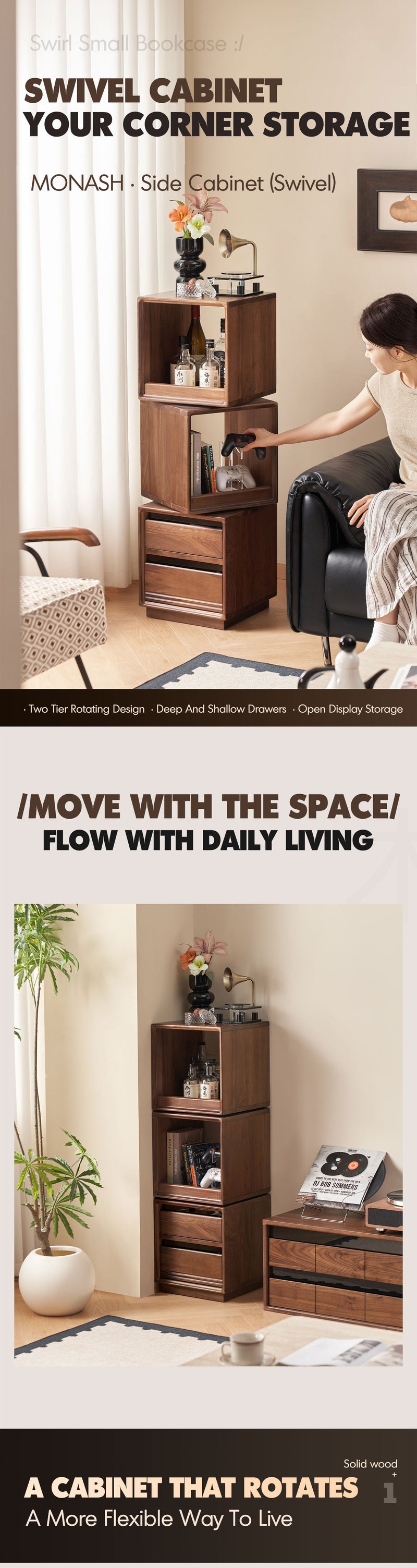 more product details and feature of Japandi Walnut Wood Swivel Side Cabinet MONASH