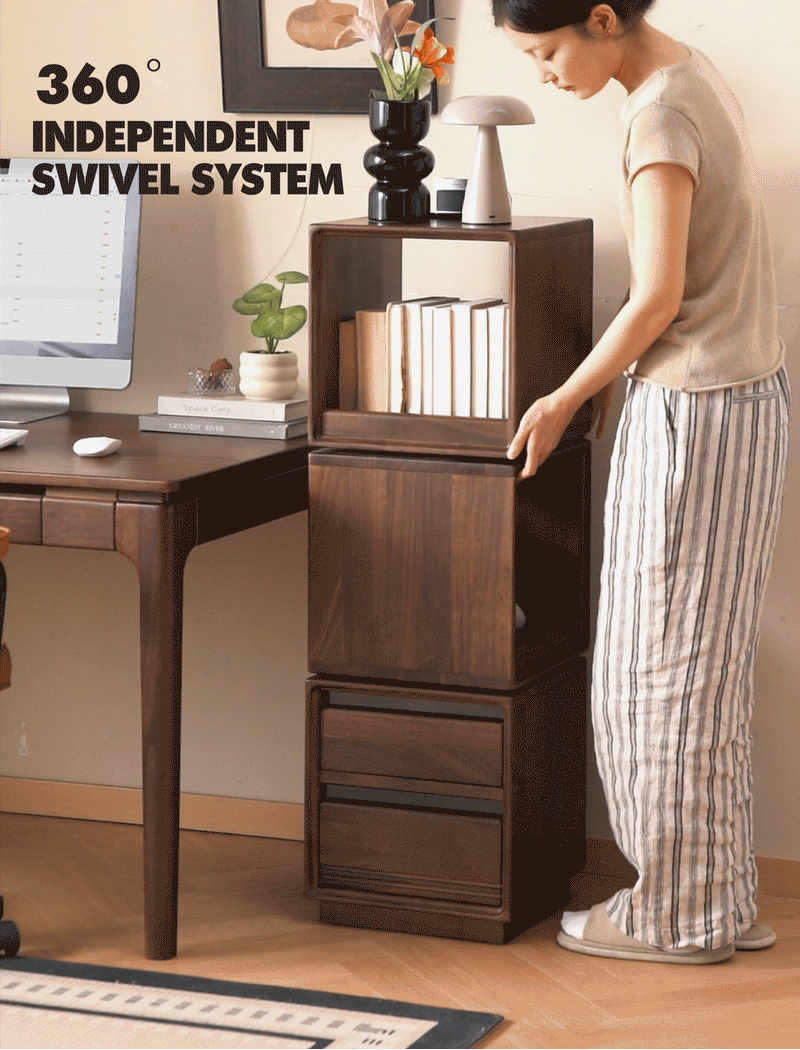 more product details and feature of Japandi Walnut Wood Swivel Side Cabinet MONASH