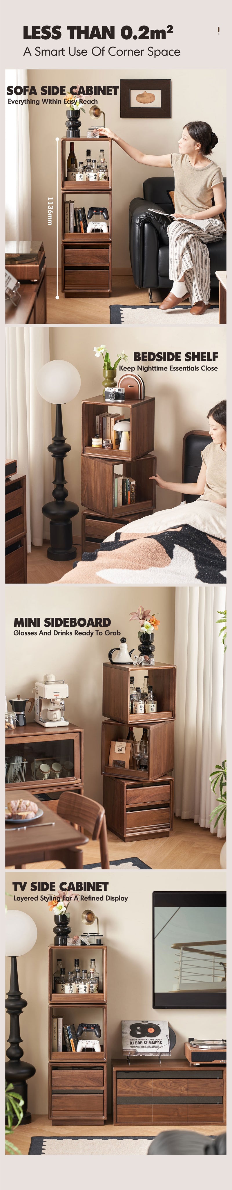 more product details and feature of Japandi Walnut Wood Swivel Side Cabinet MONASH