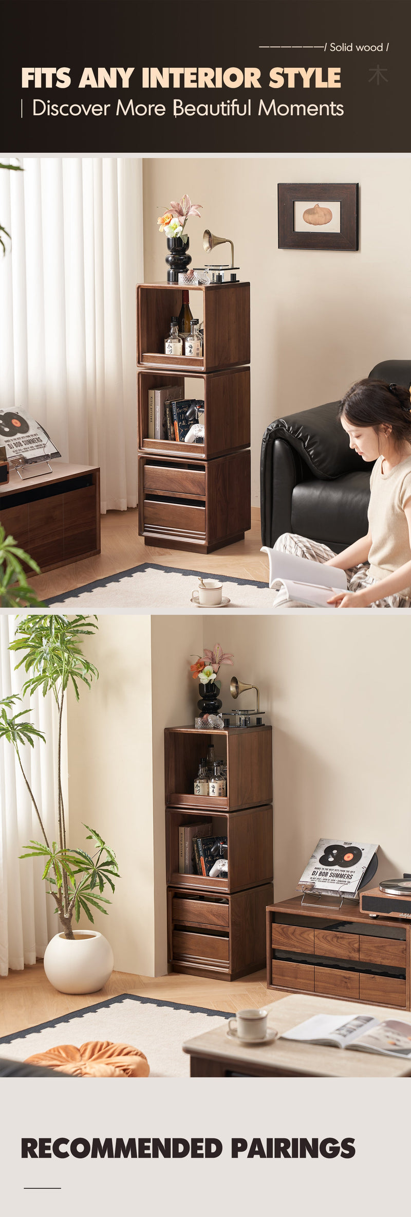 more product details and feature of Japandi Walnut Wood Swivel Side Cabinet MONASH