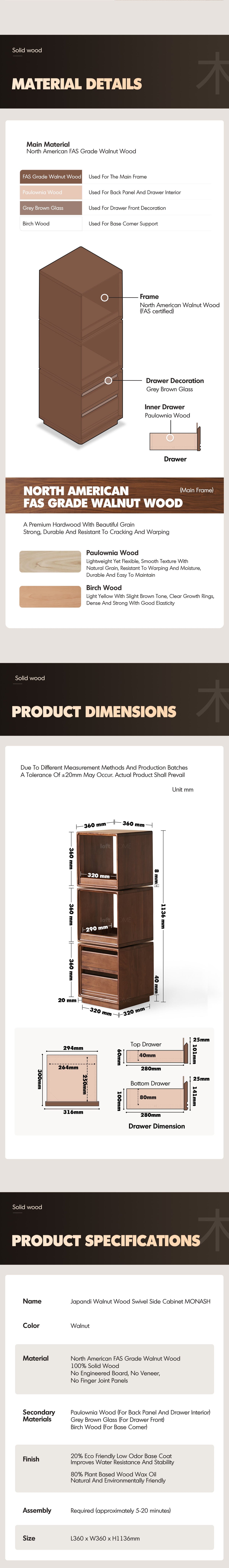 more product details and feature of Japandi Walnut Wood Swivel Side Cabinet MONASH