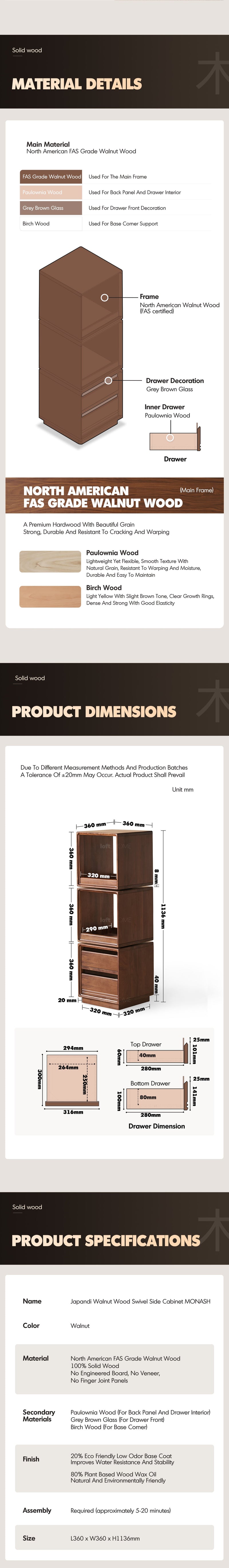 more product details and feature of Japandi Walnut Wood Swivel Side Cabinet MONASH