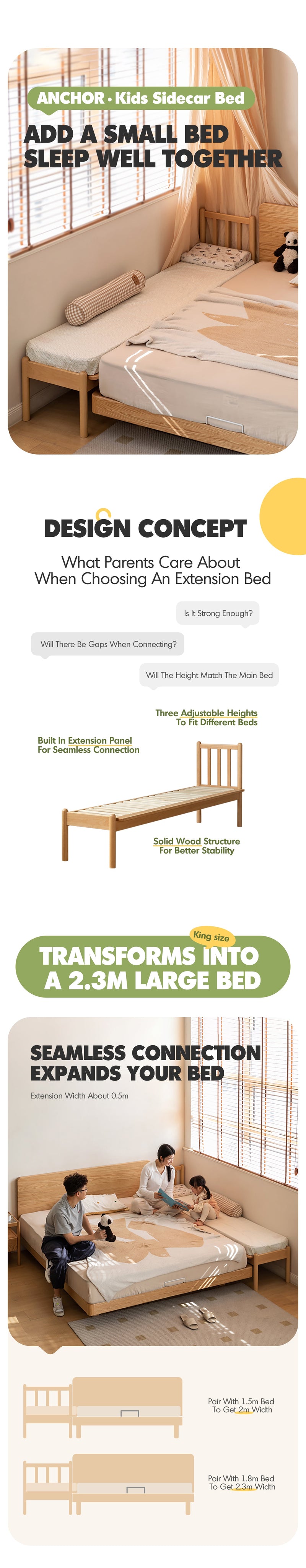 more product details and feature of Scandinavian Beech Wood Height Adjustable Kids Sidecar Bed With Mattress ANCHOR