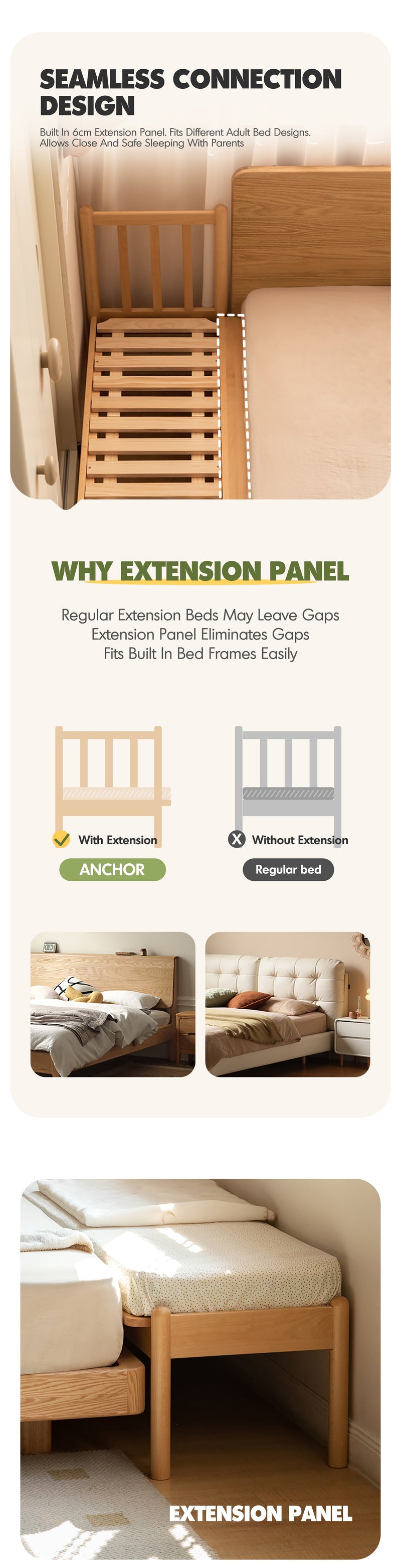 more product details and feature of Scandinavian Beech Wood Height Adjustable Kids Sidecar Bed With Mattress ANCHOR