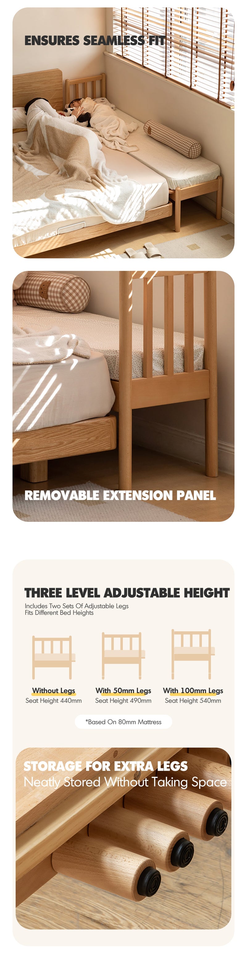 more product details and feature of Scandinavian Beech Wood Height Adjustable Kids Sidecar Bed With Mattress ANCHOR