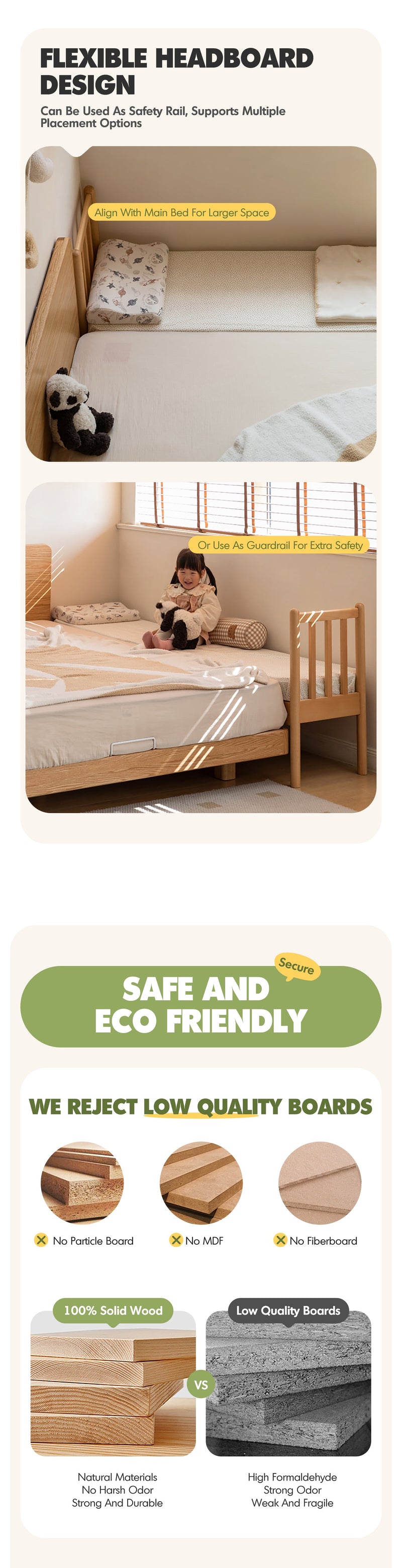 more product details and feature of Scandinavian Beech Wood Height Adjustable Kids Sidecar Bed With Mattress ANCHOR
