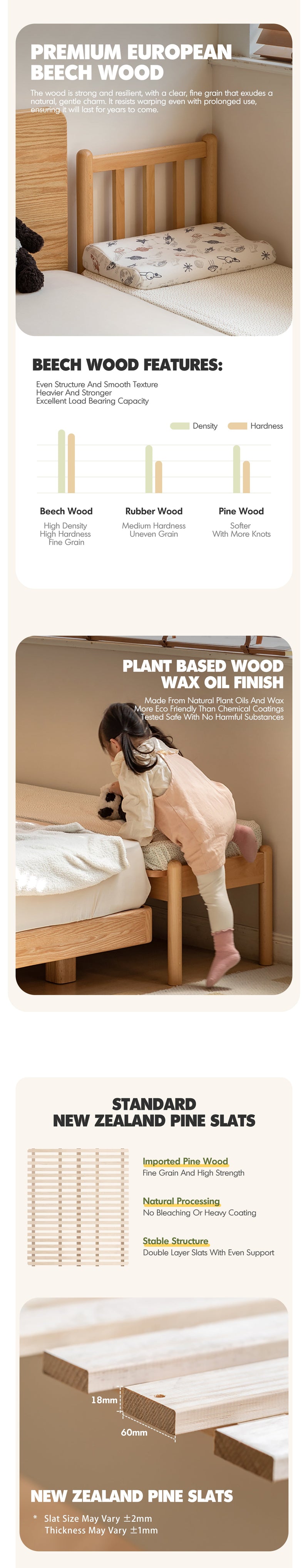 more product details and feature of Scandinavian Beech Wood Height Adjustable Kids Sidecar Bed With Mattress ANCHOR