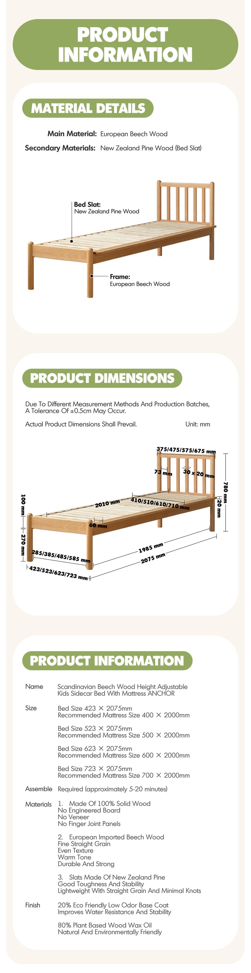 more product details and feature of Scandinavian Beech Wood Height Adjustable Kids Sidecar Bed With Mattress ANCHOR