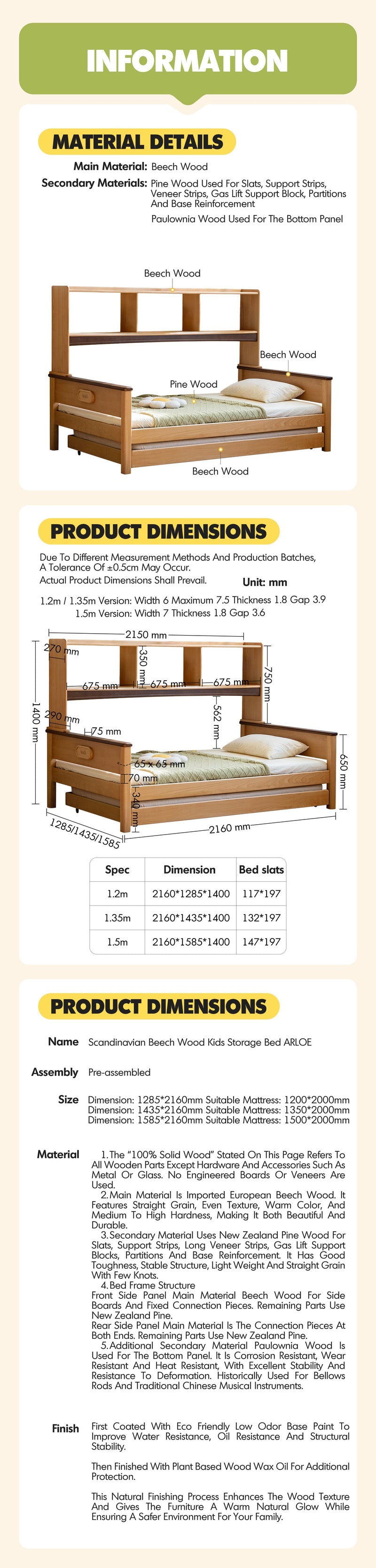 more product details and feature of Scandinavian Beech Wood Kids Storage Bed ARLOE