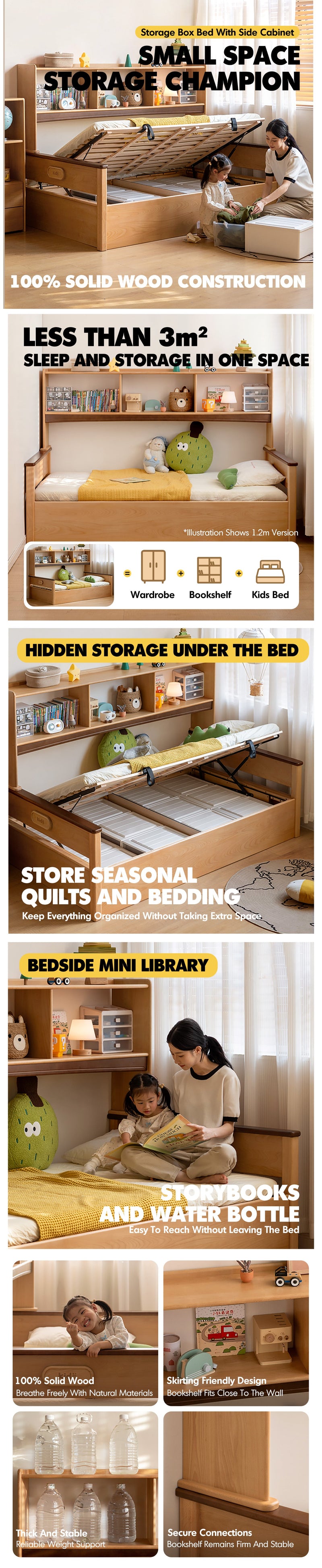more product details and feature of Scandinavian Beech Wood Kids Storage Bed VELTO