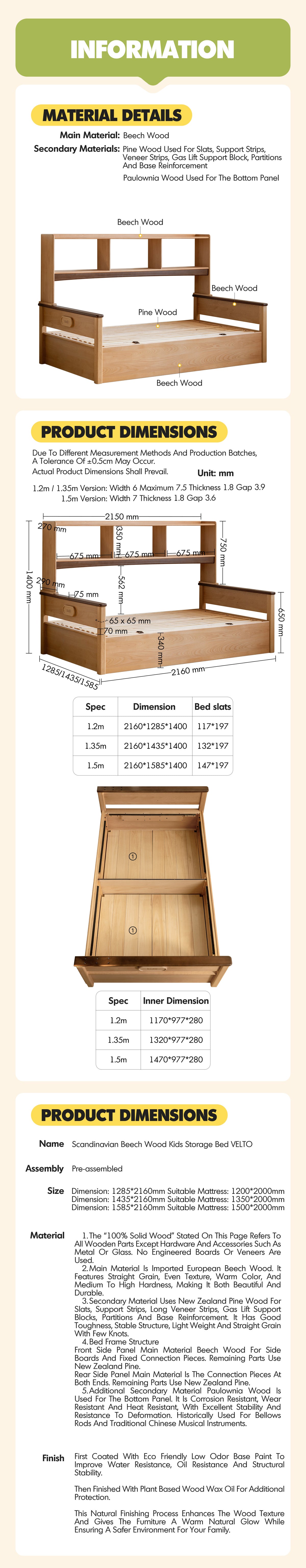 more product details and feature of Scandinavian Beech Wood Kids Storage Bed VELTO