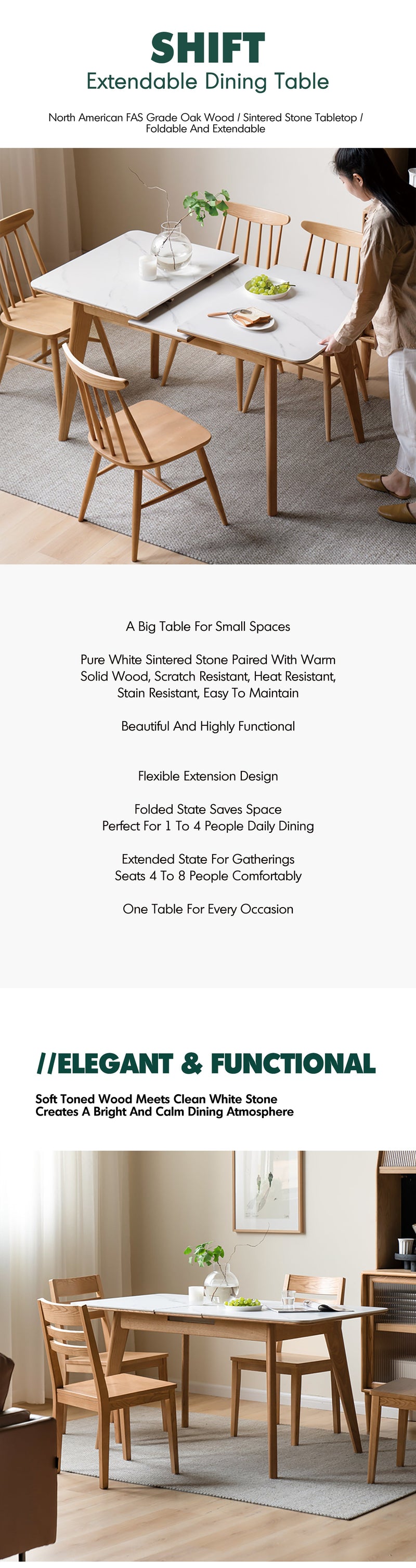 more product details and feature of Scandinavian Oak Wood Sintered Stone Extendable Dining Table SHIFT