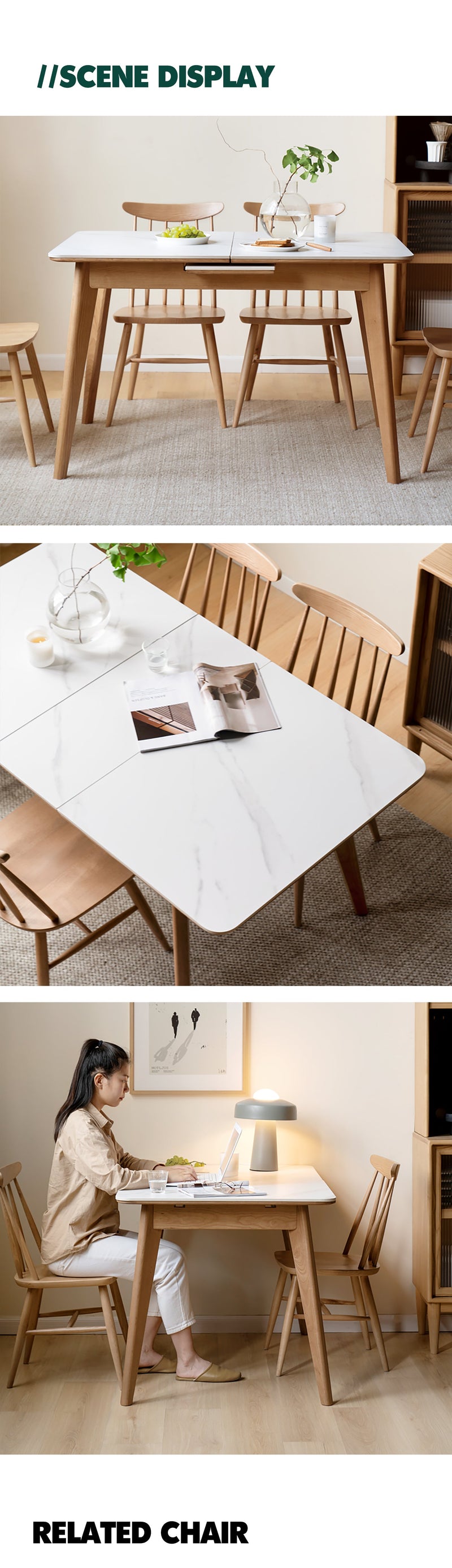 more product details and feature of Scandinavian Oak Wood Sintered Stone Extendable Dining Table SHIFT