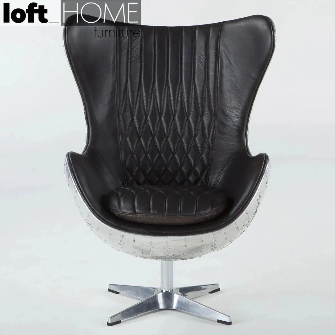 Industrial aluminium 1 seater sofa egg in close up details.