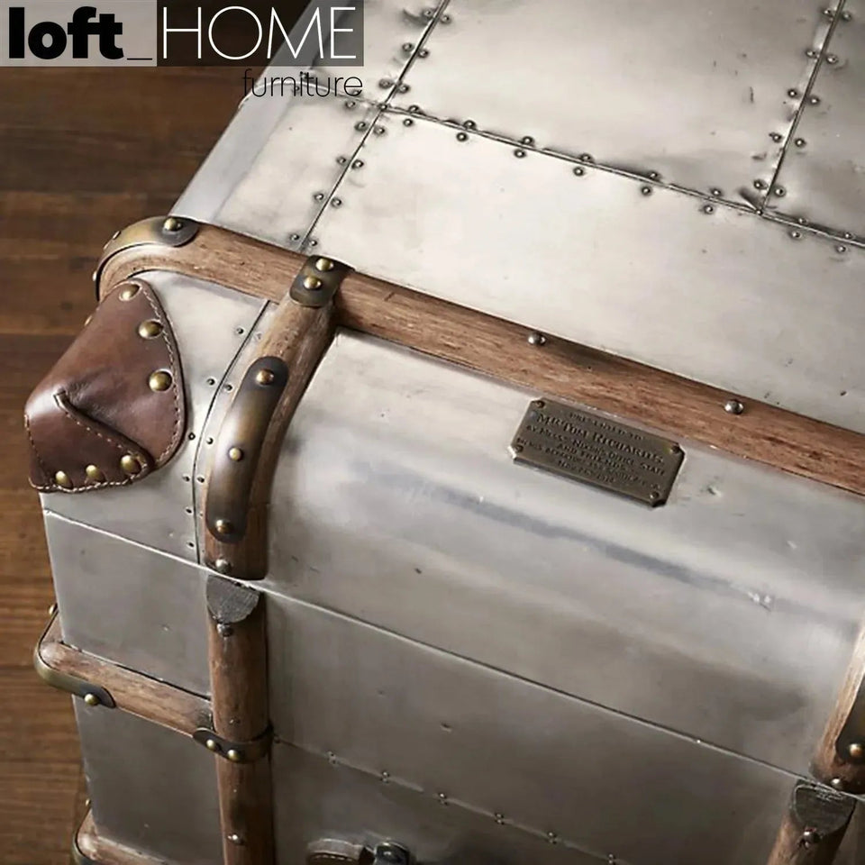 Industrial aluminium coffee table richards trunk in panoramic view.
