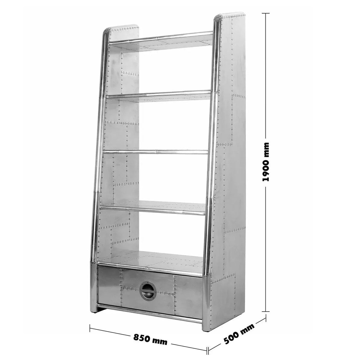 Industrial aluminium bookshelf aircraft size charts.
