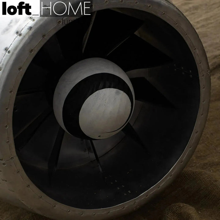 Industrial aluminium study table aircraft engine in close up details.