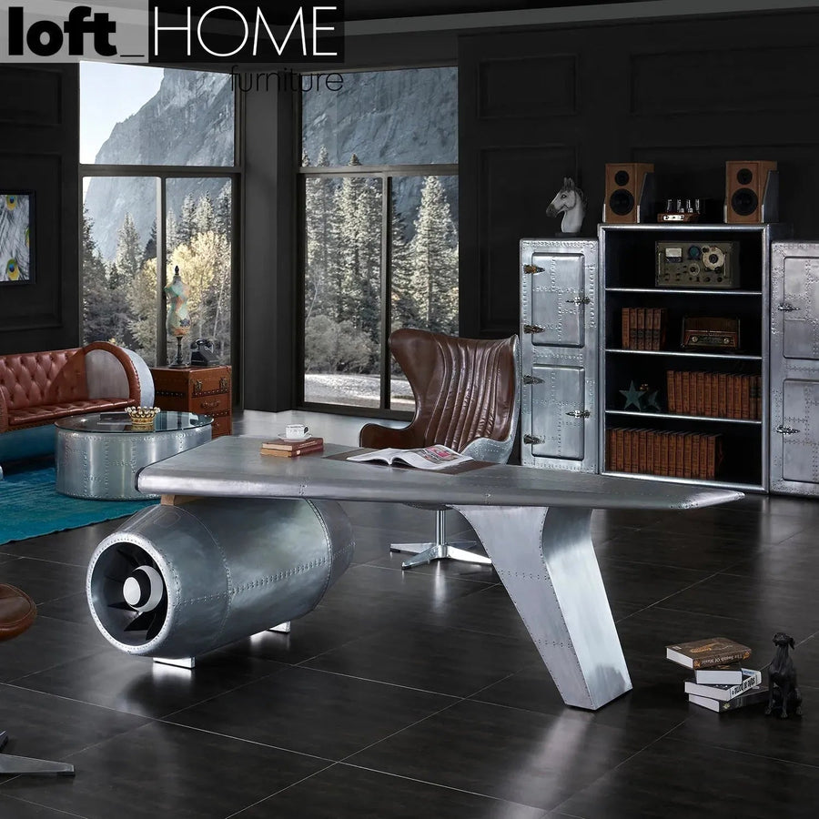 Industrial aluminium study table aircraft engine primary product view.