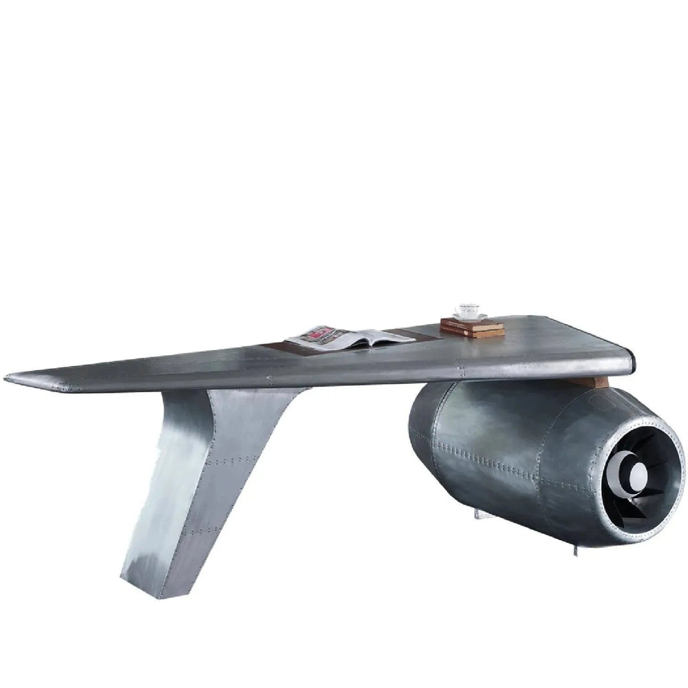 Industrial aluminium study table aircraft engine in white background.