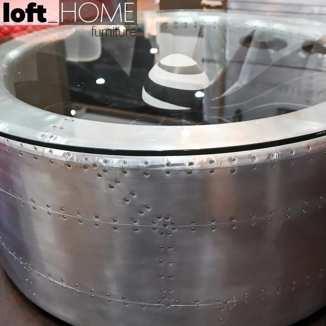 Industrial aluminium tempered glass coffee table engine situational feels.