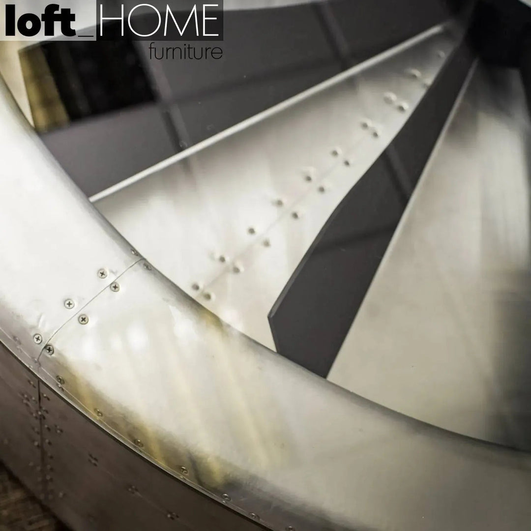 Industrial aluminium tempered glass coffee table engine in panoramic view.