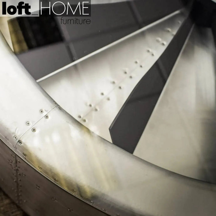 Industrial aluminium tempered glass coffee table engine in panoramic view.