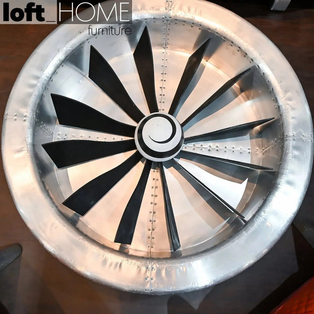 Industrial aluminium tempered glass coffee table engine conceptual design.