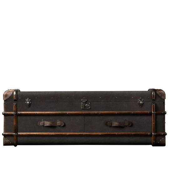 Vintage canvas tv console richards trunk in white background.