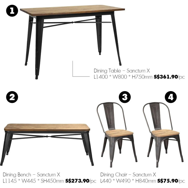Industrial Elm Wood Dining Set 4 Pieces SANCTUM X