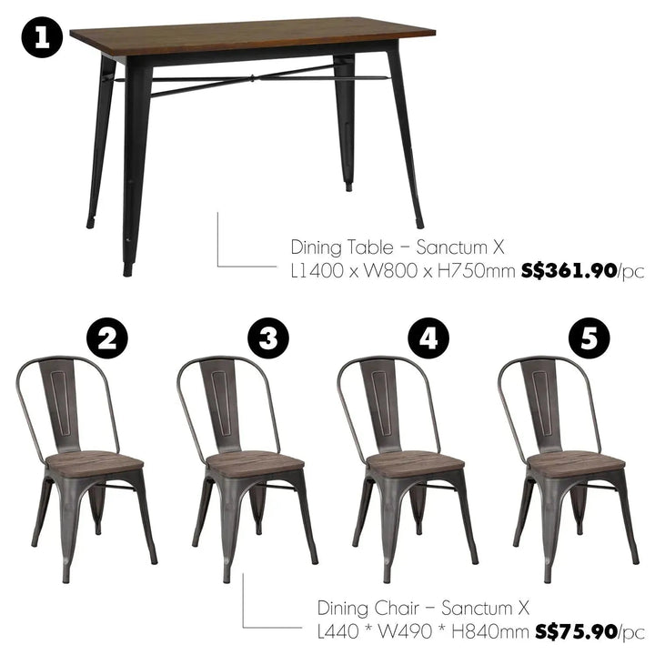 Industrial Elm Wood Dining Set 5 Pieces SANCTUM X