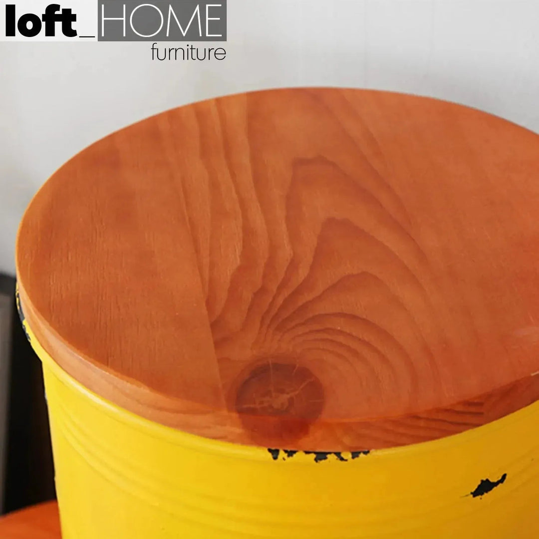 Industrial metal side table container round in panoramic view.