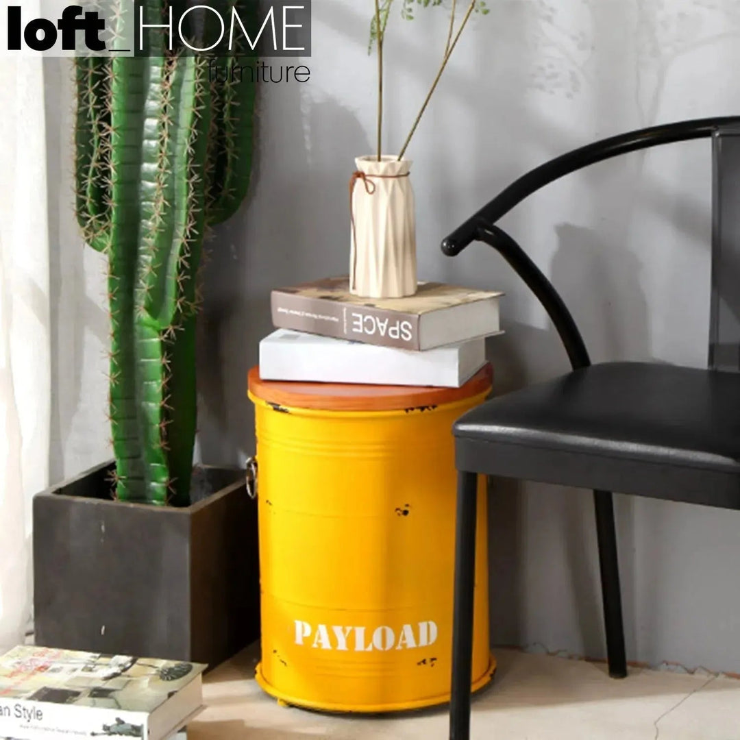 Industrial metal side table container round environmental situation.