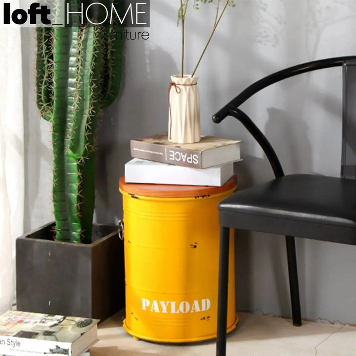 Industrial metal side table container round environmental situation.