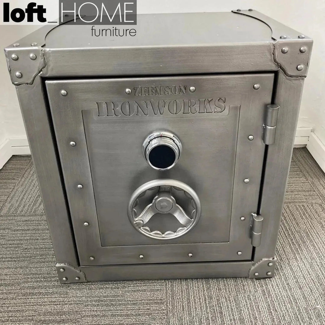 Industrial metal side table hatch wheel detail 13.