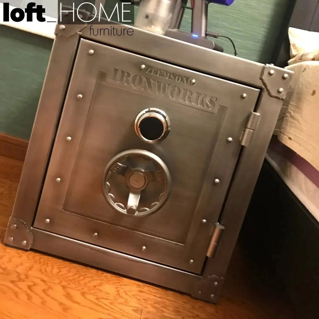 Industrial metal side table hatch wheel detail 11.