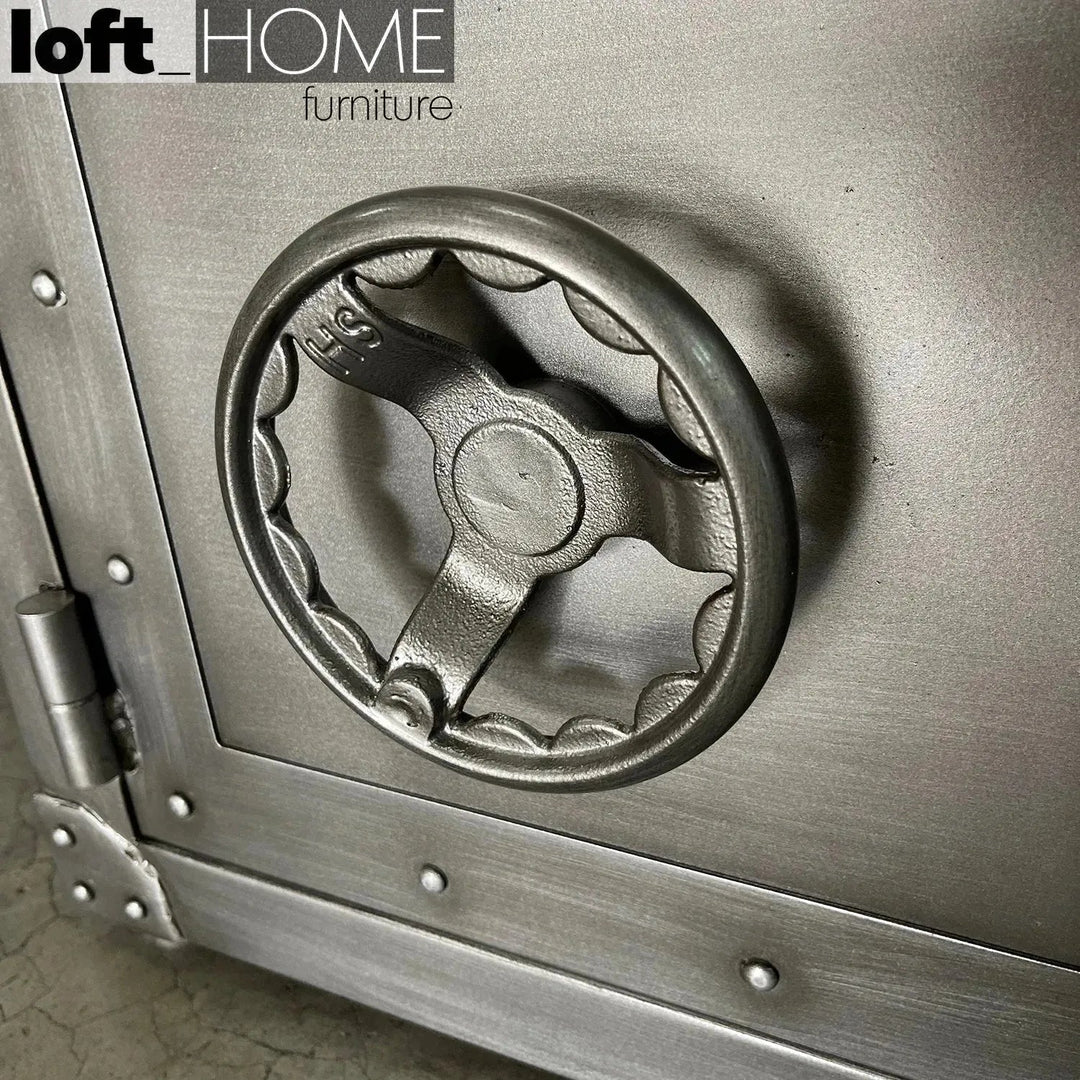 Industrial metal side table hatch wheel detail 5.