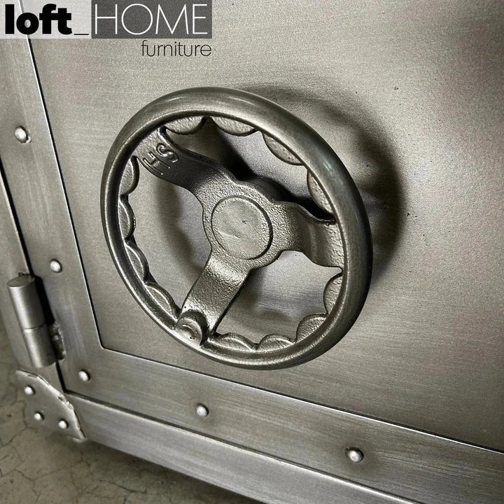 Industrial metal side table hatch wheel detail 5.