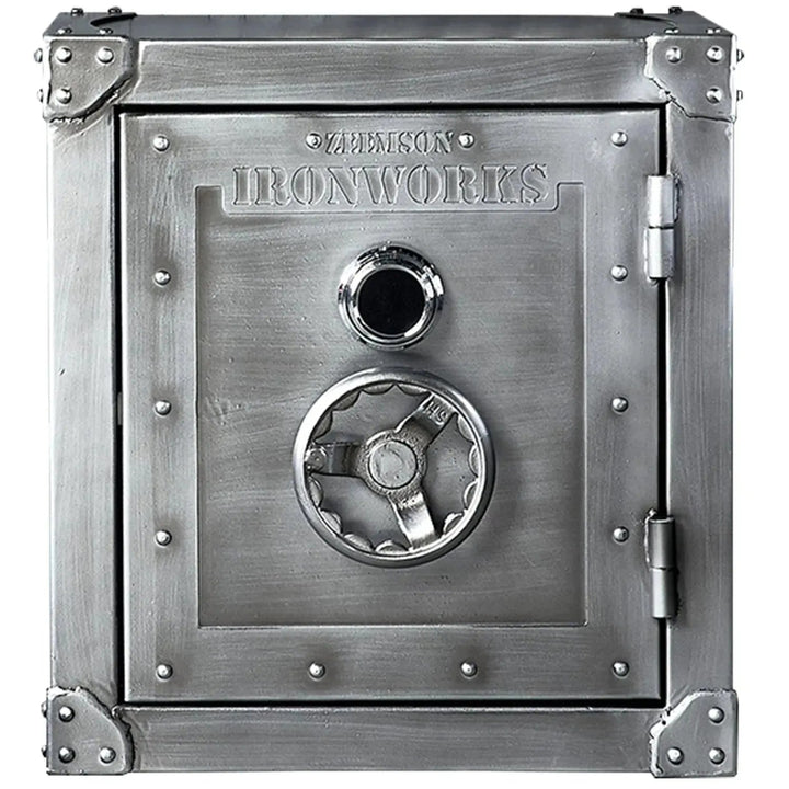 Industrial metal side table hatch wheel layered structure.