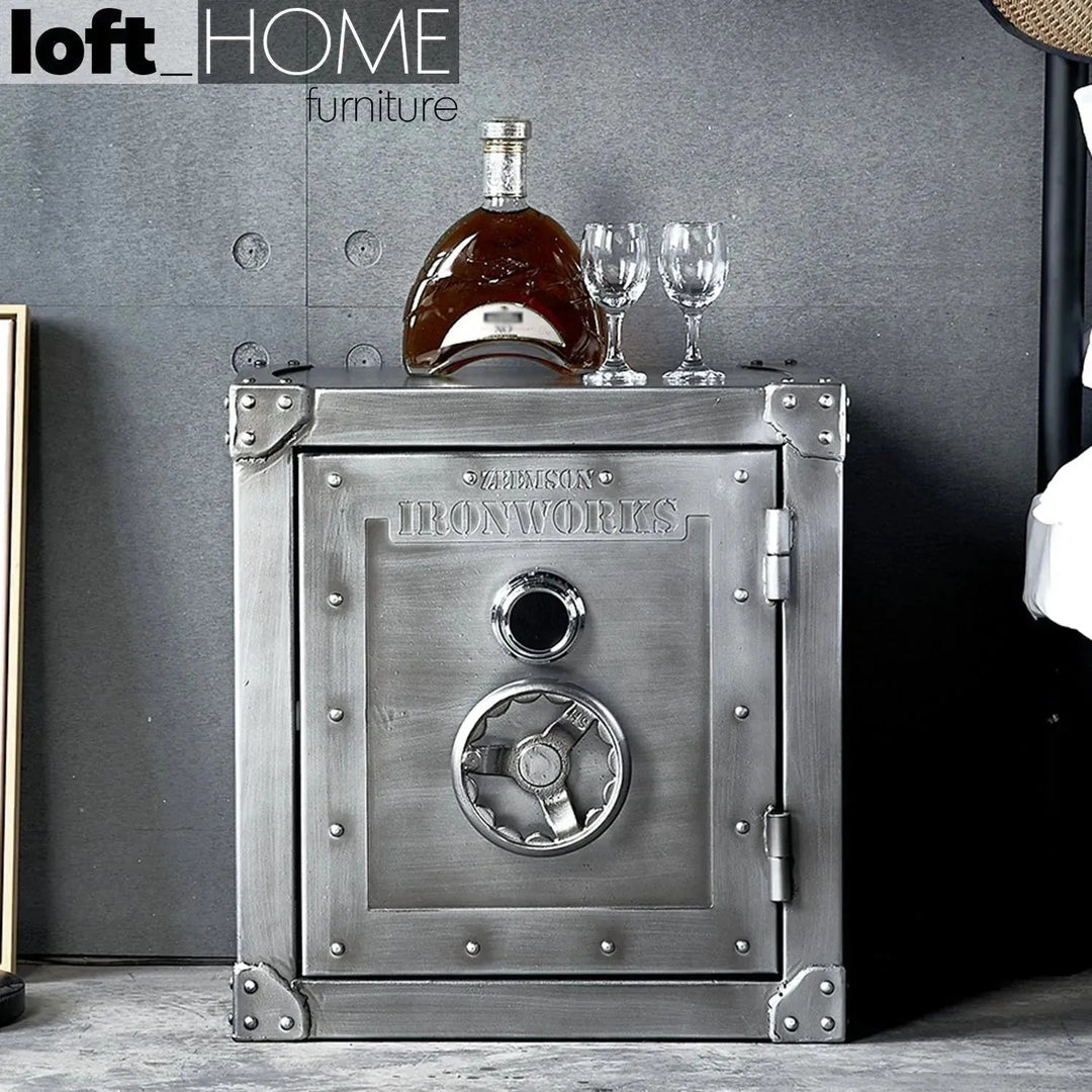 Industrial metal side table hatch wheel detail 3.