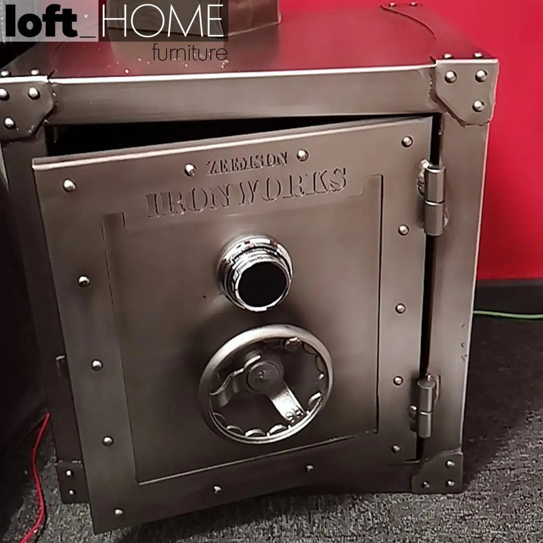 Industrial metal side table hatch wheel detail 10.