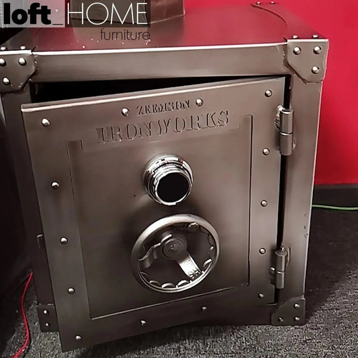 Industrial metal side table hatch wheel detail 10.